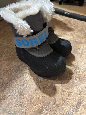 Sorel Kids Black and Gray Winter Boots with Blue Logo